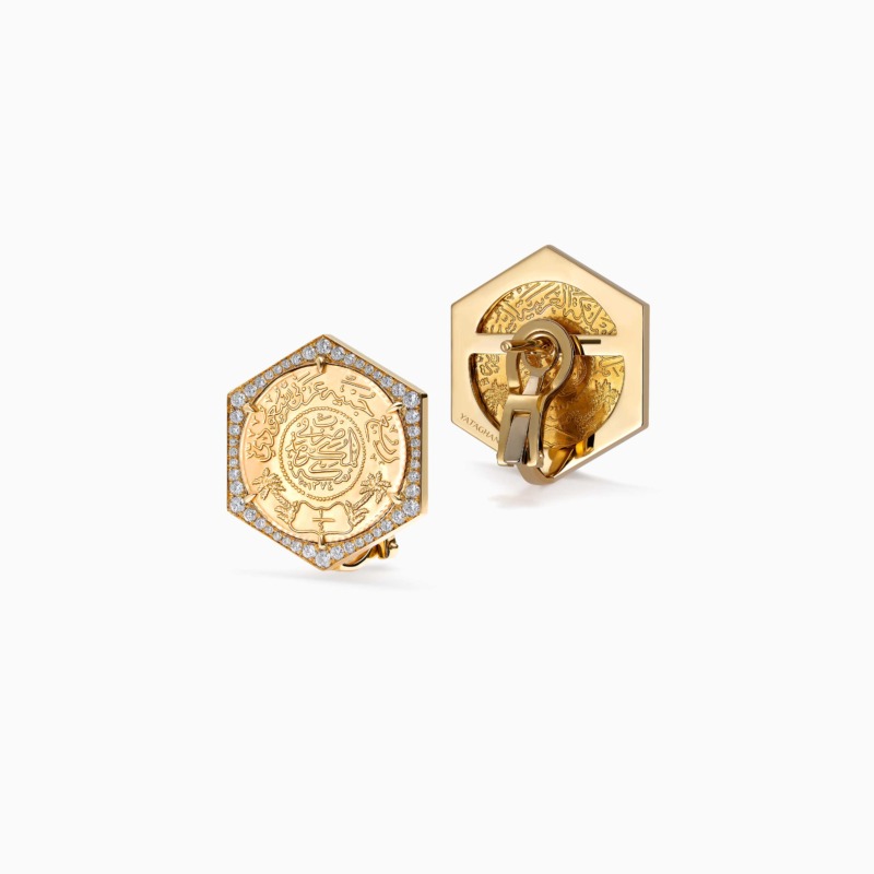 Quarter Ginea Earrings in Diamond Frame by Yataghan Jewellery in gold with diamond-studded geometric frame and engraved detailing.