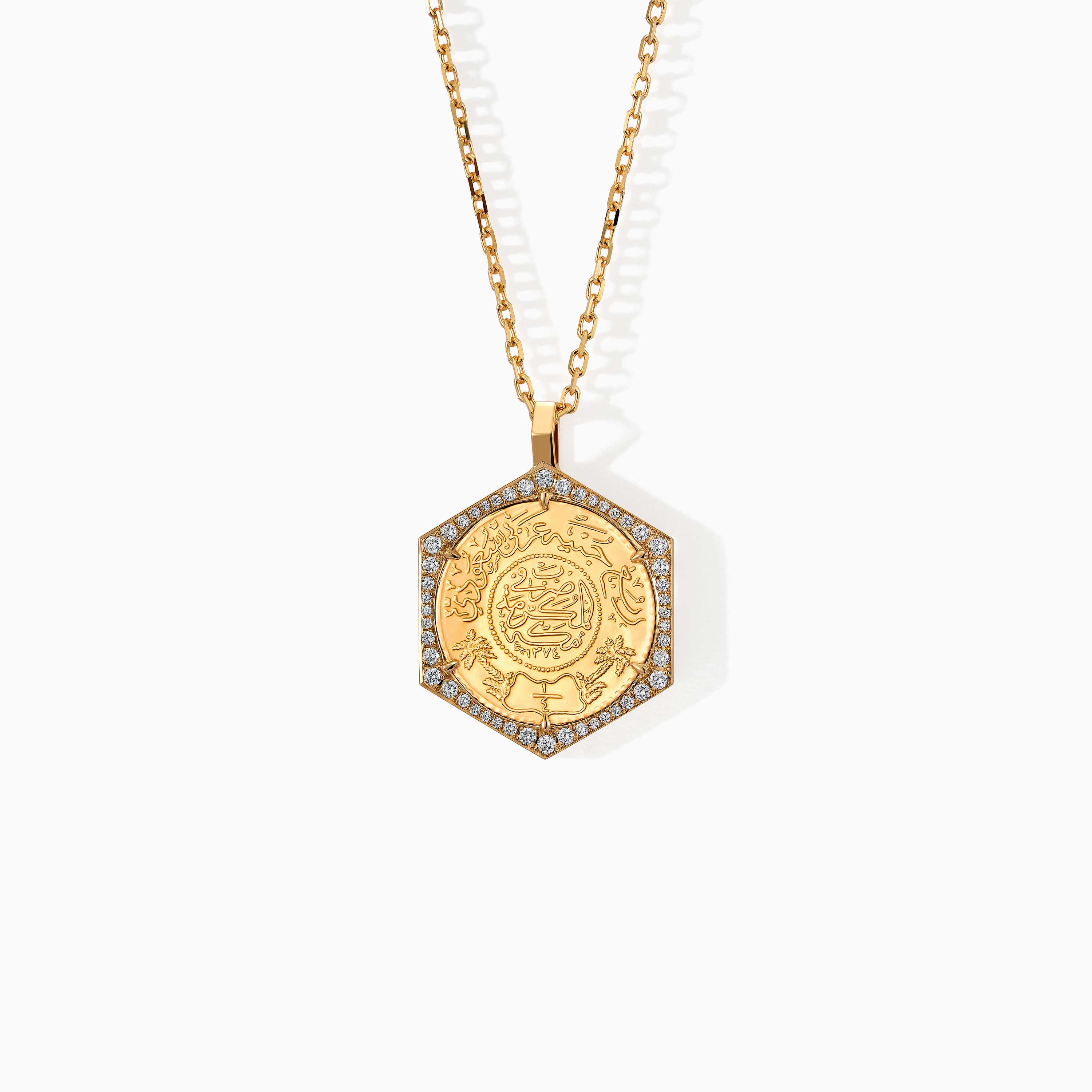 Gold Quarter Ginea Necklace in Diamond Frame with a diamond-encrusted border and engraved Ginea-style medallion from Yataghan Jewellery.