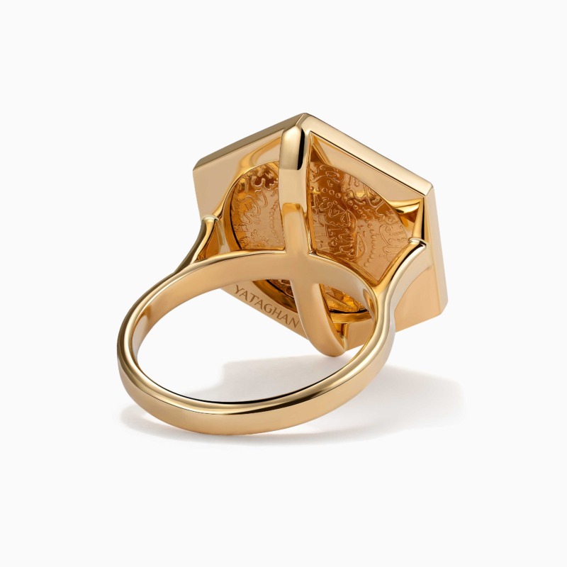 A gold Quarter Ginea Ring in Diamond Frame with a square bezel and engraved Ginea detailing, finished in a polished shine.