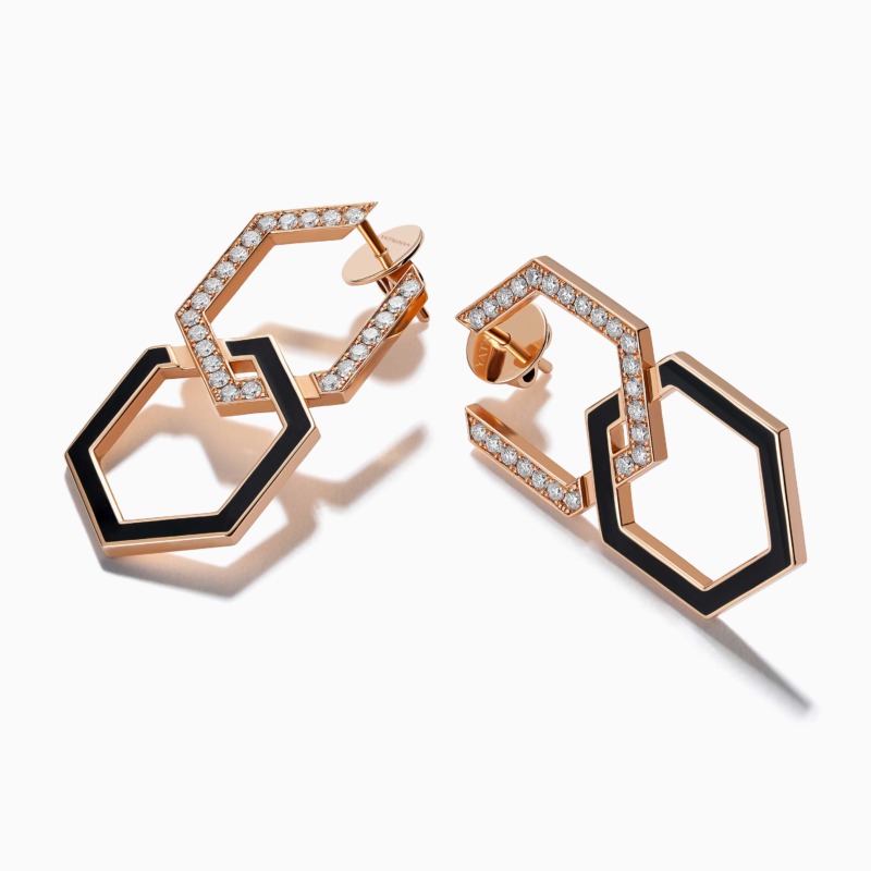 Infinity Black Enamel Extra Large Diamond Earrings from Yataghan Jewellery, with gold-tone geometric links, black enamel inlays and diamond pavé detailing.