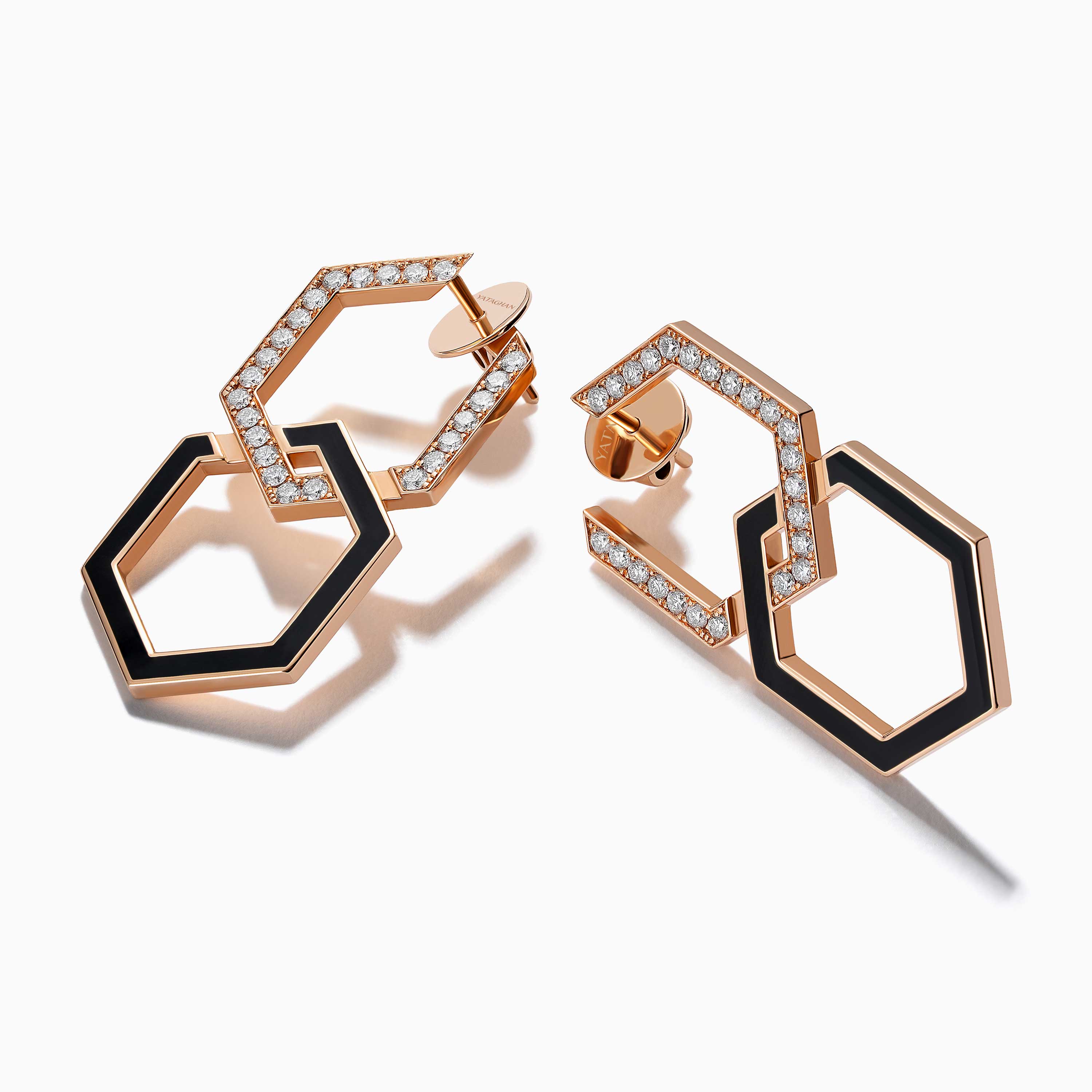 Infinity Black Enamel Extra Large Diamond Earrings from Yataghan Jewellery, with gold-tone geometric links, black enamel inlays and diamond pavé detailing.