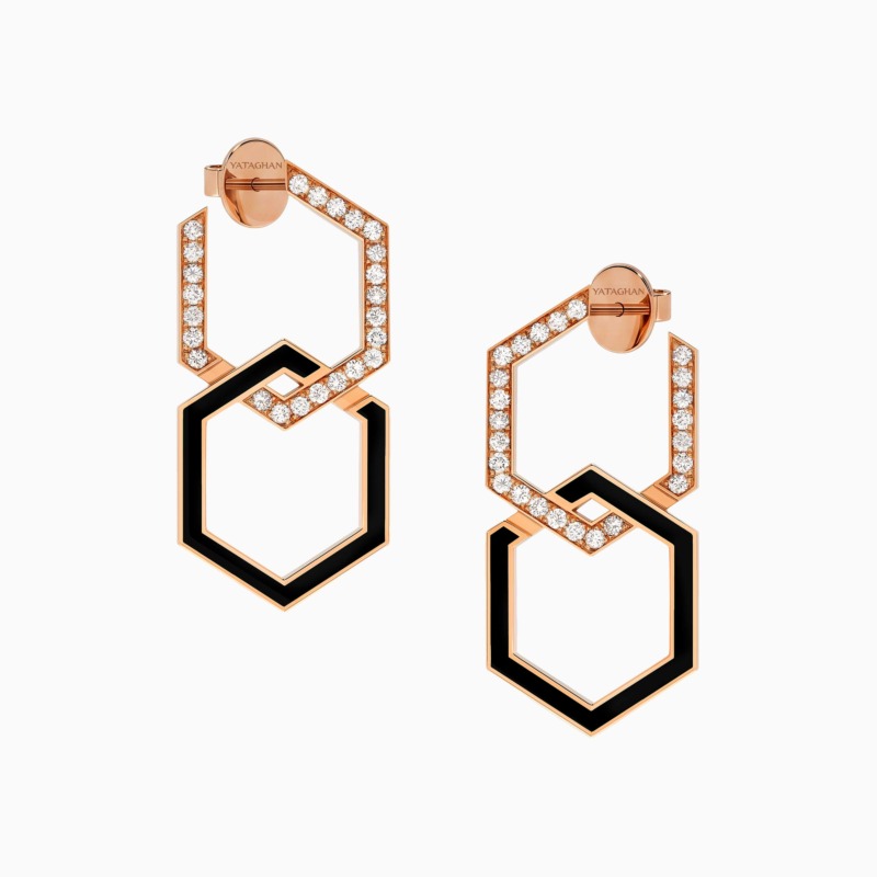 Infinity Black Enamel Extra Large Diamond Earrings by Yataghan Jewellery with rose gold tones, black enamel accents and pavé-set diamonds.