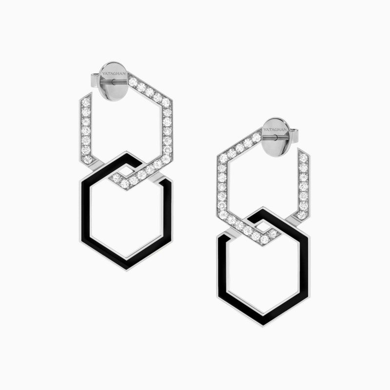 Yataghan Jewellery Infinity Black Enamel Extra Large Diamond Earrings with geometric hexagon links, pavé diamonds and glossy black enamel accents.