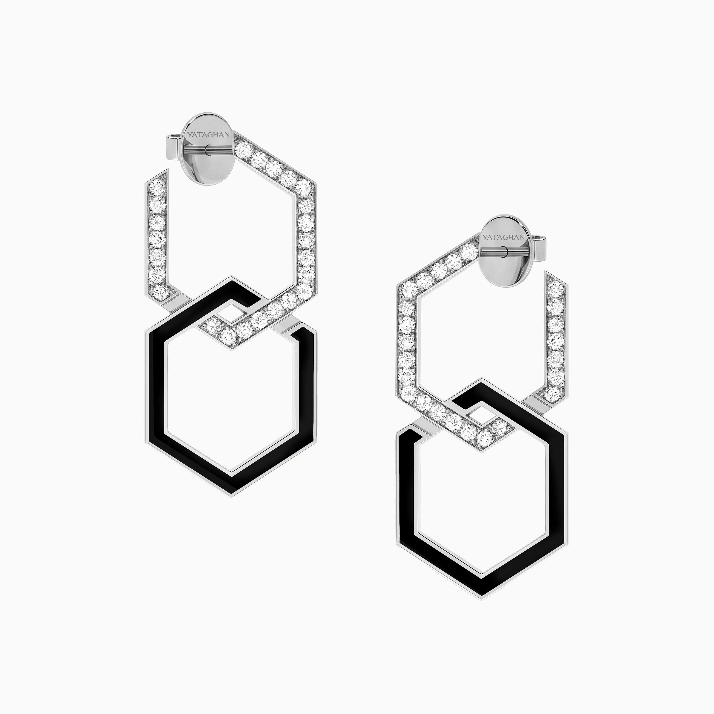 Yataghan Jewellery Infinity Black Enamel Extra Large Diamond Earrings with geometric hexagon links, pavé diamonds and glossy black enamel accents.