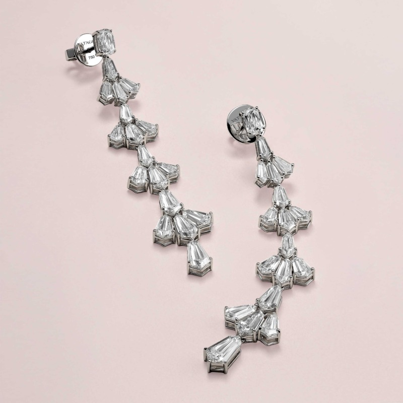 Lotus Evening Earrings by Yataghan Jewellery with a silver-tone setting and sparkling clear stones, stamped 750, in an elegant dangling design.