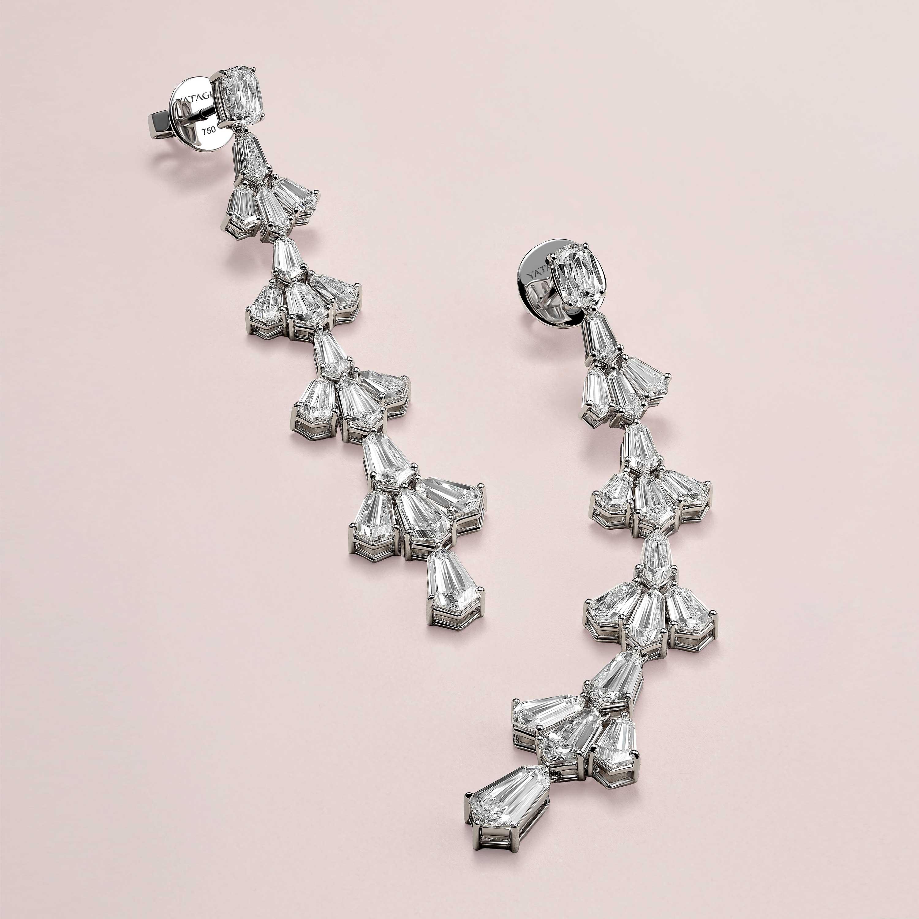 Lotus Evening Earrings by Yataghan Jewellery with a silver-tone setting and sparkling clear stones, stamped 750, in an elegant dangling design.