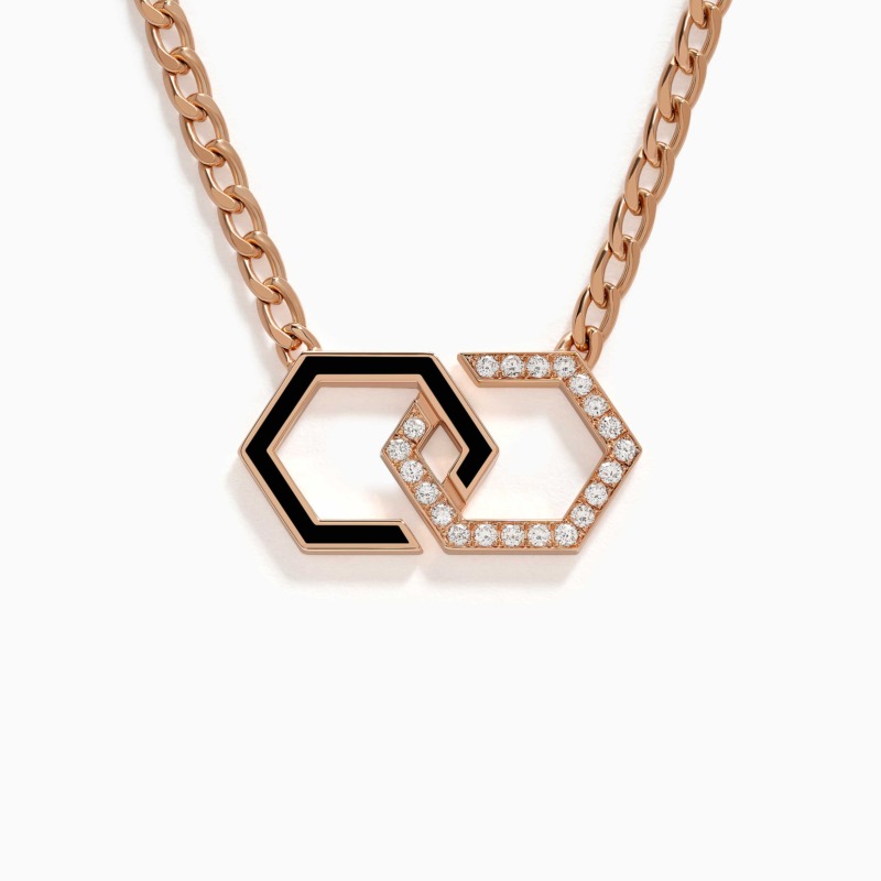 Infinity Black Enamel Unchained Diamond Necklace from Yataghan Jewellery with rose gold links, black enamel detailing and diamond-set infinity motifs.