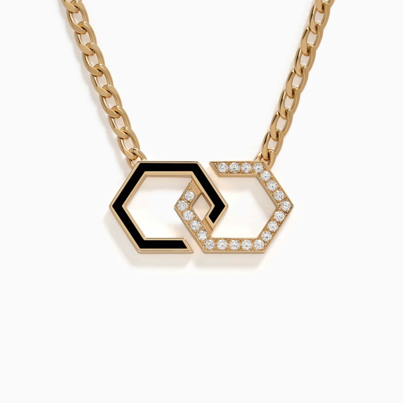 Infinity Black Enamel Unchained Diamond Necklace from Yataghan Jewellery, with gold-tone links, black enamel and diamond-set infinity motifs.