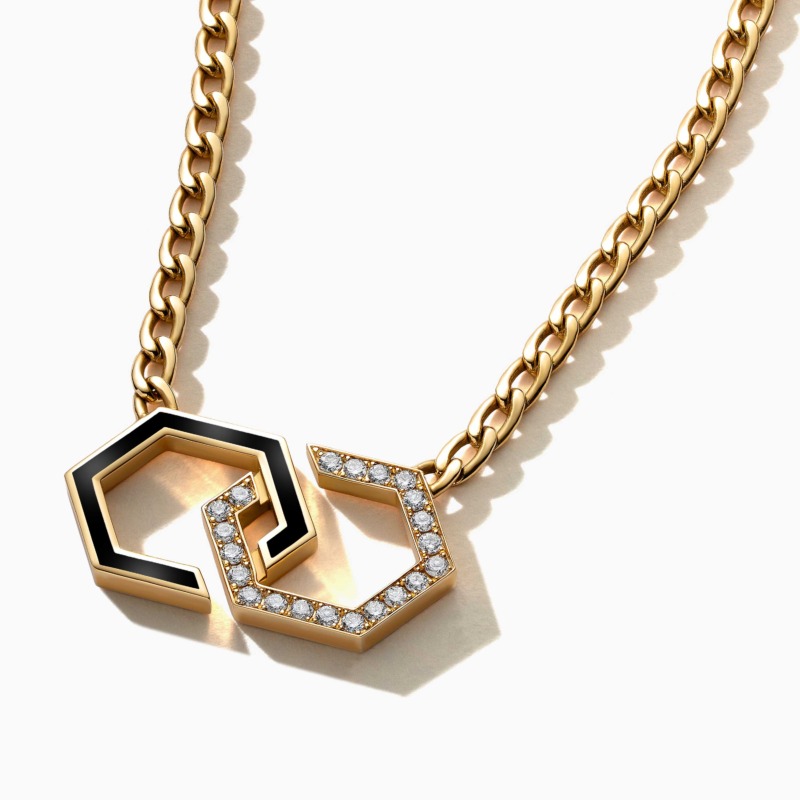 Gold Infinity Black Enamel Unchained Diamond Necklace with black enamel links and pavé diamond details from Yataghan Jewellery.