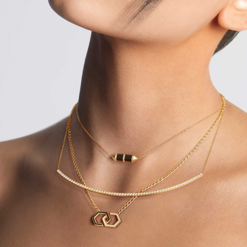 Yataghan Jewellery Infinity Black Enamel Unchained Diamond Necklace in gold with black enamel accents and layered diamond chain details.