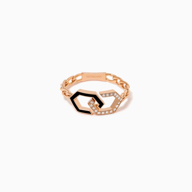 Infinity Black Enamel Unchained Diamond Ring by Yataghan Jewellery with black enamel links and diamond accents on a polished gold setting.