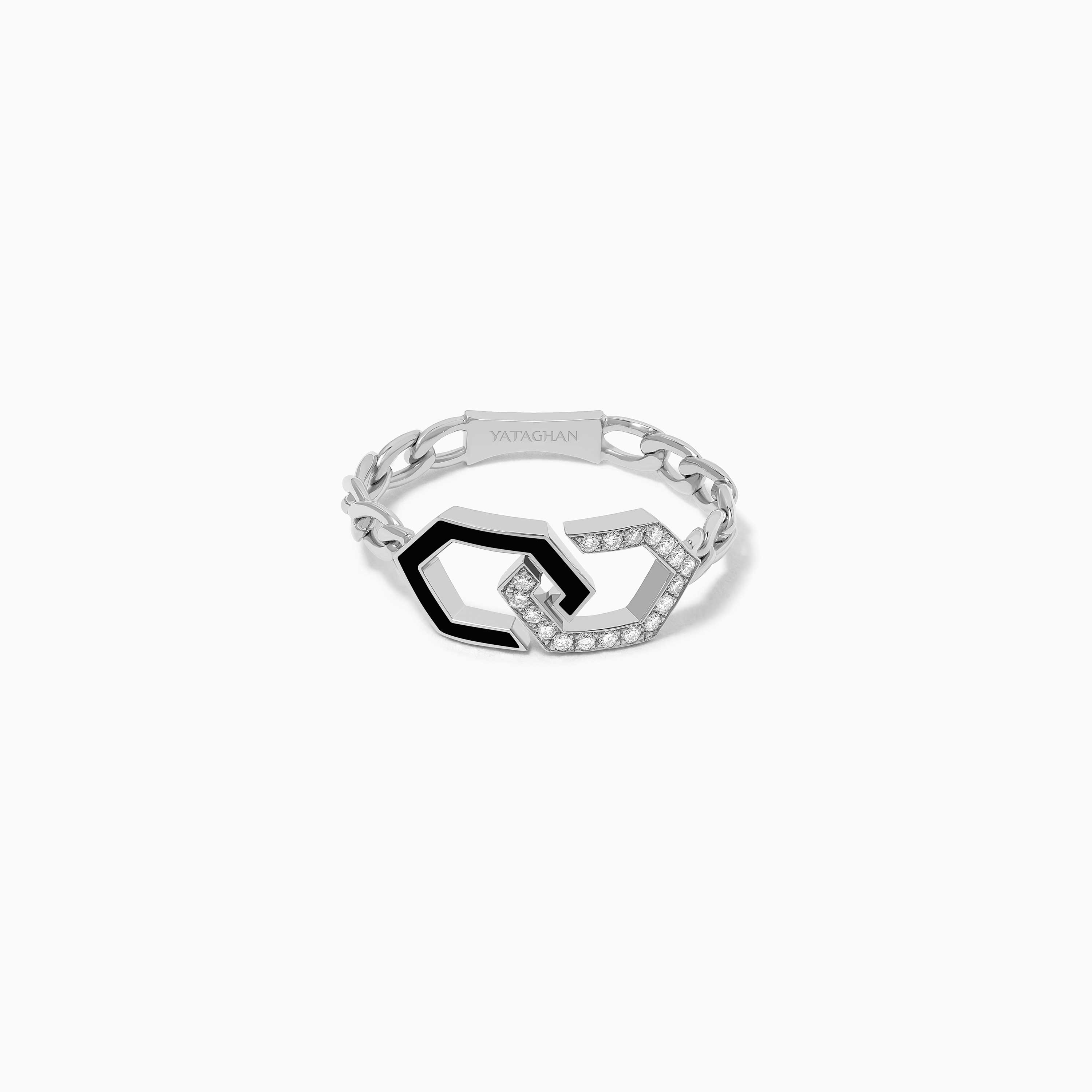 Infinity Black Enamel Unchained Diamond Ring by Yataghan Jewellery in polished white gold with black enamel and diamond-set chain-link detailing.