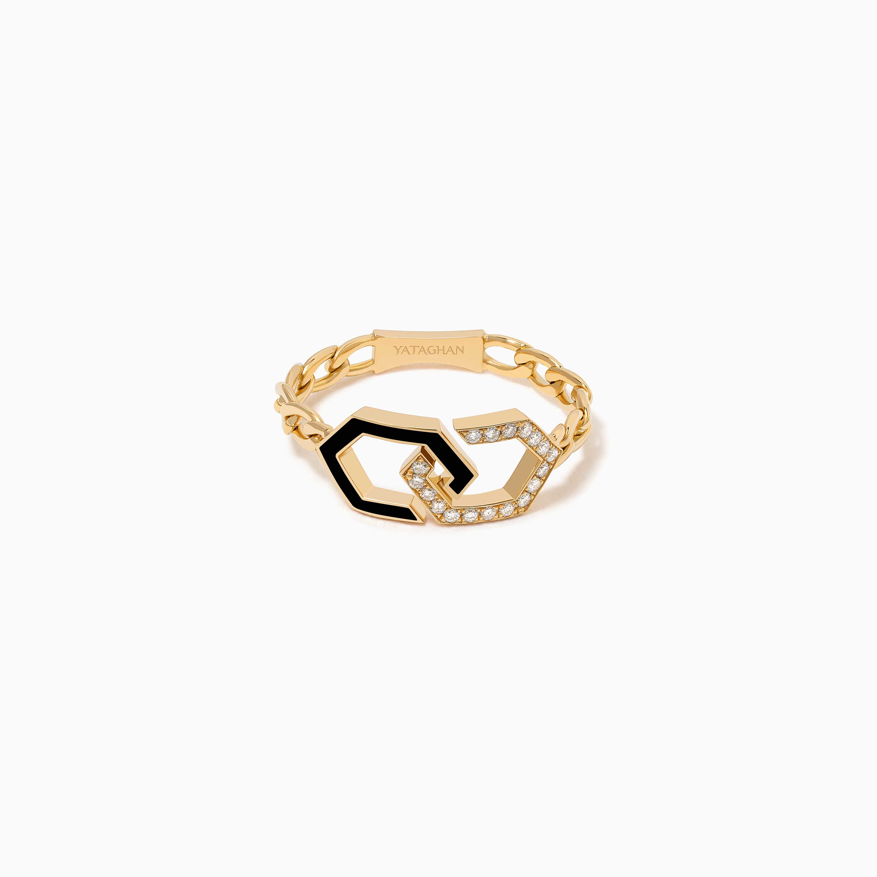 Infinity Black Enamel Unchained Diamond Ring by Yataghan Jewellery, with black enamel links, gold setting and pavé diamonds in a bold modern design.