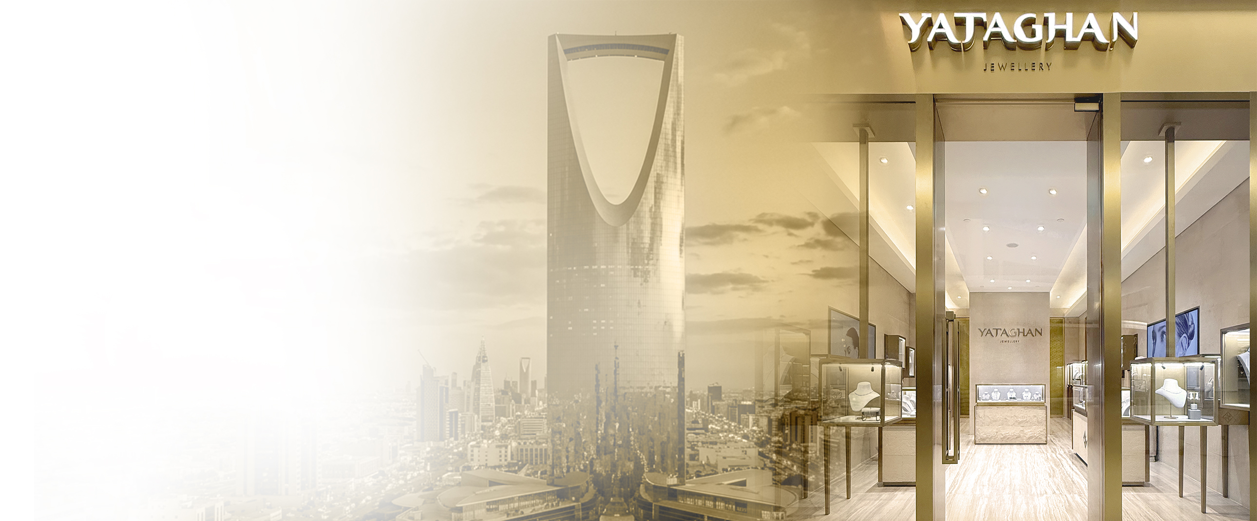 Warm beige and gold showroom interior with YATAGHAN signage and glass display cases, overlooking Riyadh skyline beneath a Kingdom Tower backdrop.