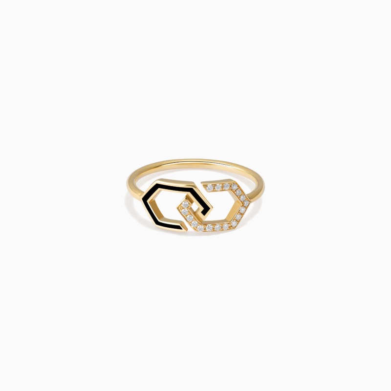 A gold Infinity enamel diamond ring band with black enamel accents and sparkling round diamonds forms a modern geometric design on a white background.