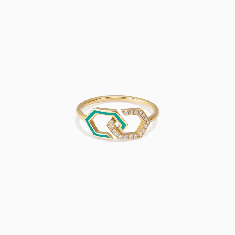 A gold Infinity Enamel Diamond Ring Band with turquoise enamel and diamond-set links rests on a clean white background.