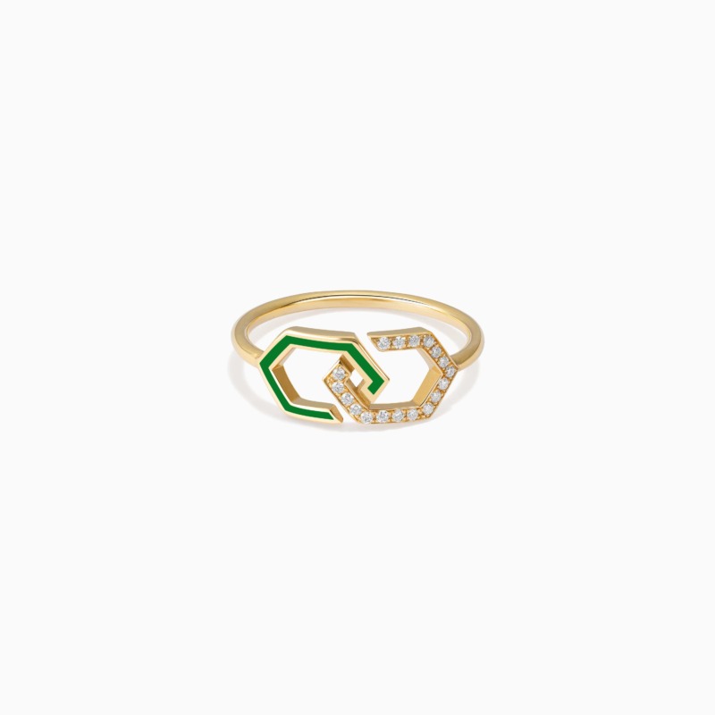 A gold Infinity Enamel Diamond Ring Band shows green enamel and diamond-set links forming a modern geometric design on a clean white background.