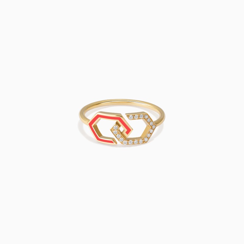 Gold Infinity Enamel Diamond Ring Band with red-orange enamel and diamond-set links rests against a clean white background.