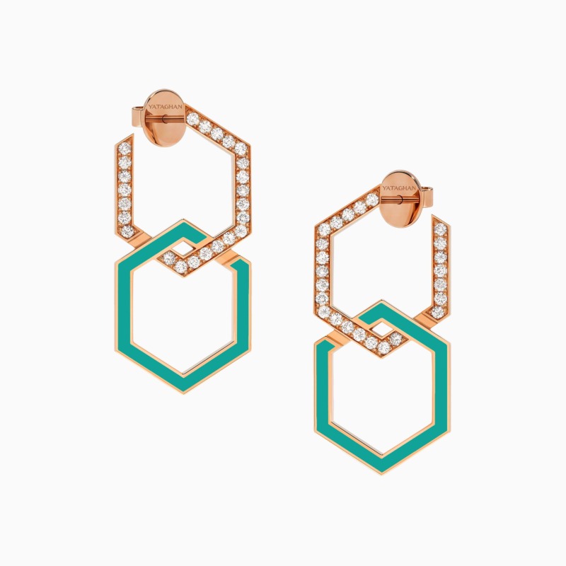 Two geometric Yataghan earrings in rose gold with turquoise enamel and pavé diamonds form bold hexagon shapes against a clean white background.
