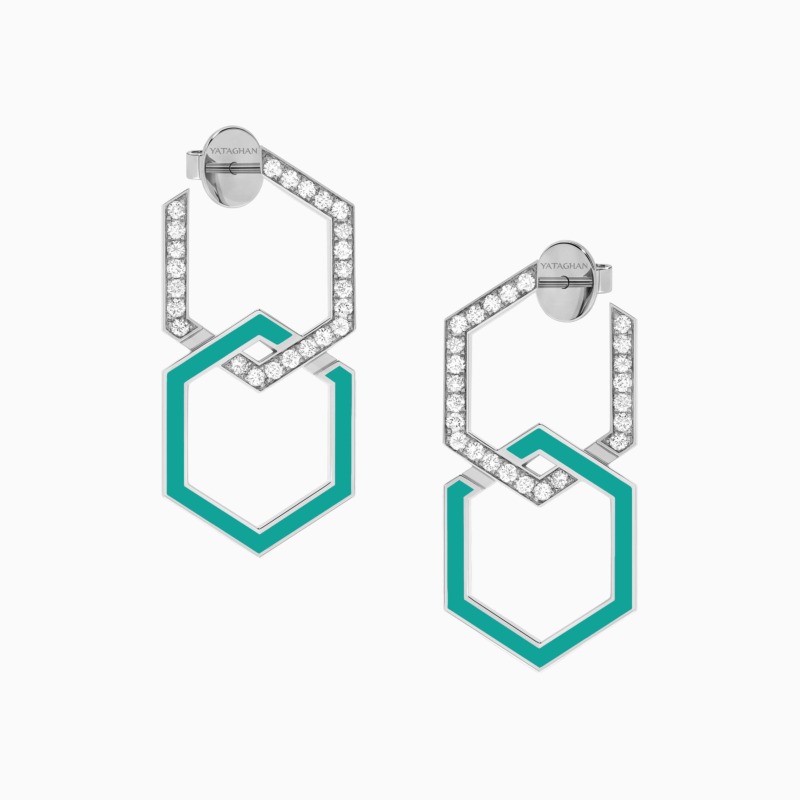 Two Infinity Turquoise Enamel Extra Large Diamond Earrings from Yataghan Jewellery show hexagonal outlines, diamond pavé edges and turquoise enamel accents.