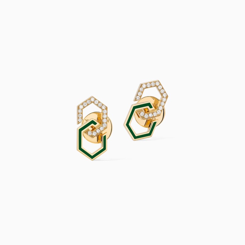 Yataghan Jewellery Infinity Enamel Diamond Stud Earrings pair gold with green enamel and pavé diamond hexagon links in a polished geometric design.