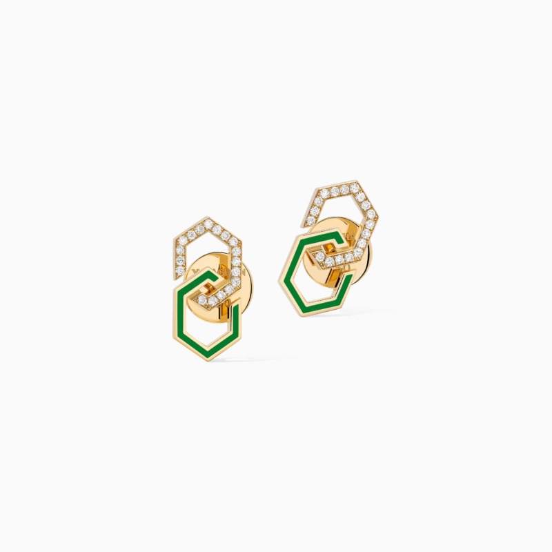 Pair of Infinity Enamel Diamond Stud Earrings in gold with green enamel and diamond-set hexagonal links, arranged on a clean white background.