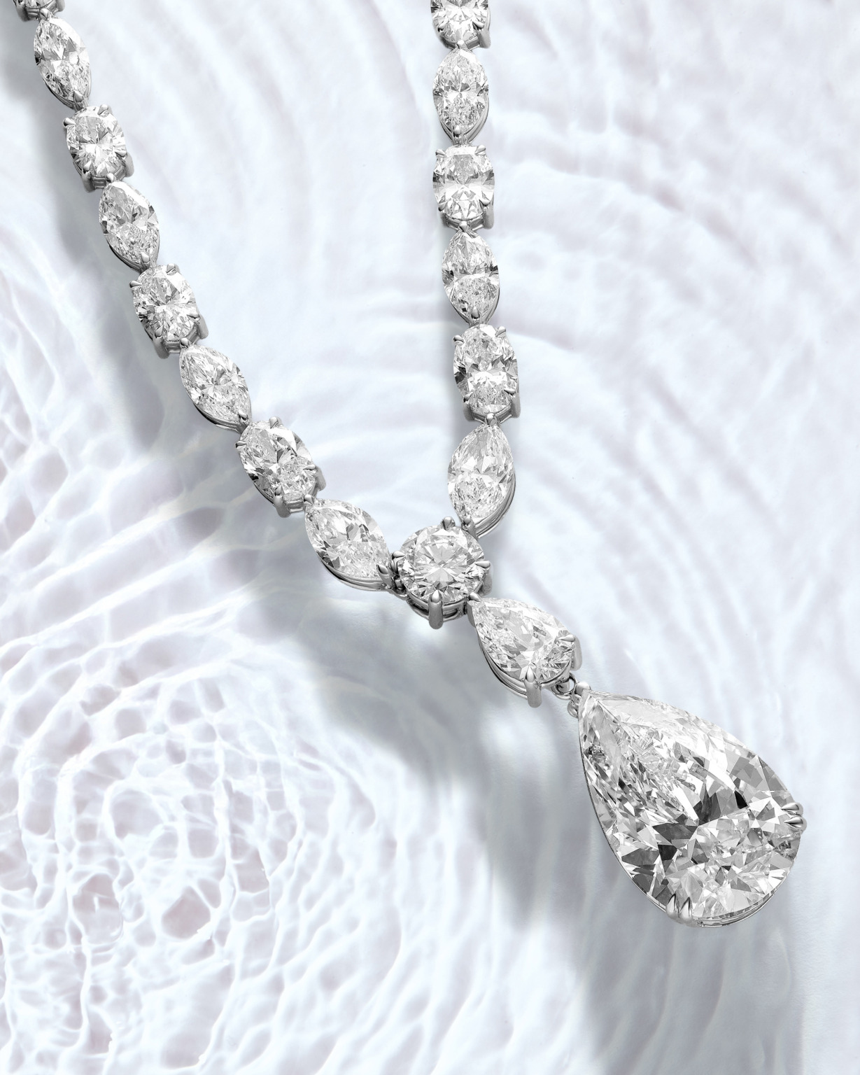 Yataghan High Jewellery necklace with pear-shaped and marquise diamond drops, reflecting Sarah Abudawood’s refined atelier style and brilliant craftsmanship.