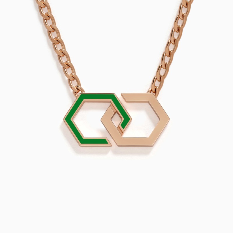A light green enamel infinity pendant hangs from a gold chain, with linked geometric shapes and polished rose-gold tones against a white background.