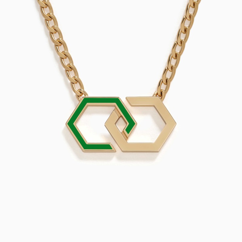 Interlocking gold infinity links form a pendant with light green enamel accents, suspended from a polished chain on a clean white background.