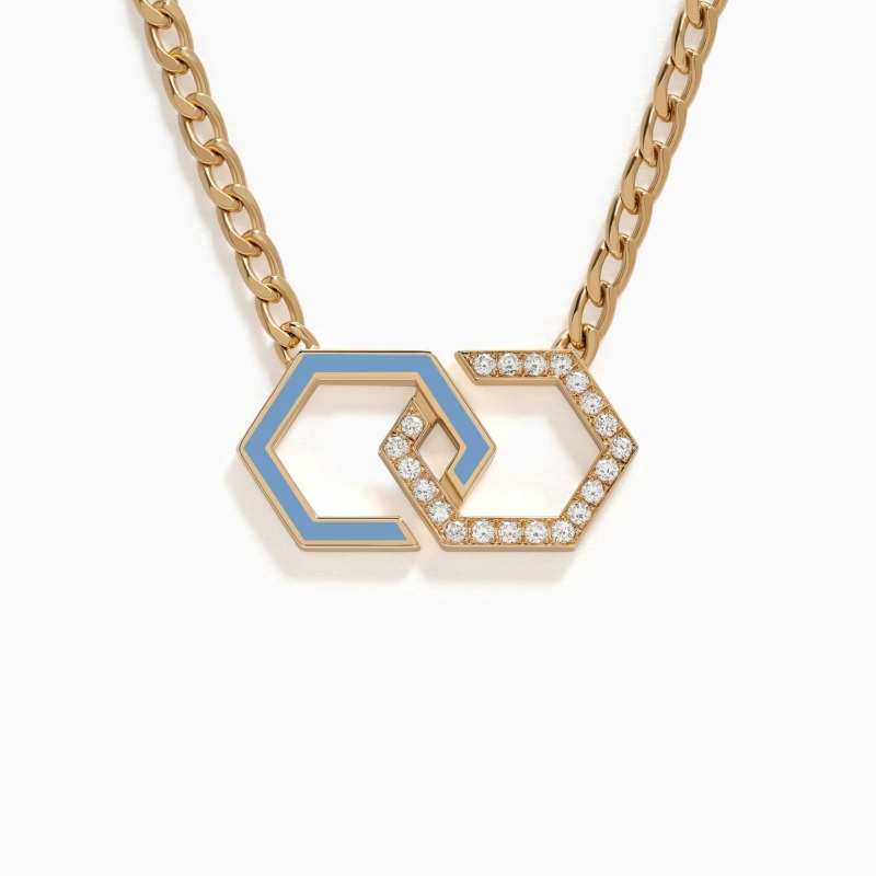 Gold chain necklace with baby blue enamel links and diamond-studded infinity pendants rests against a clean white background in a close-up view.
