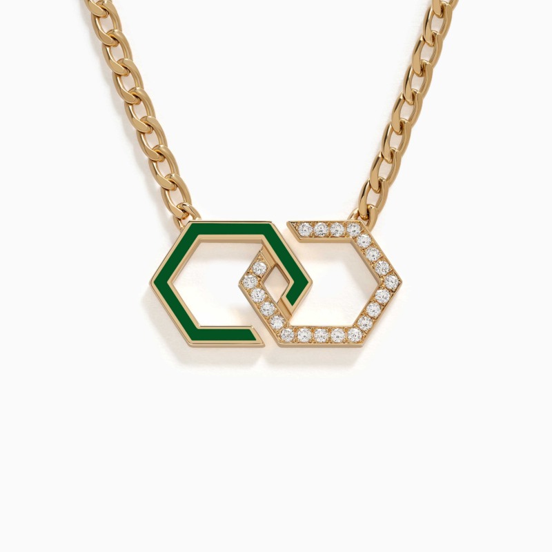 A gold chain necklace with green enamel infinity links and diamond accents rests on a white background, showing the Infinity design by Yataghan Jewellery.