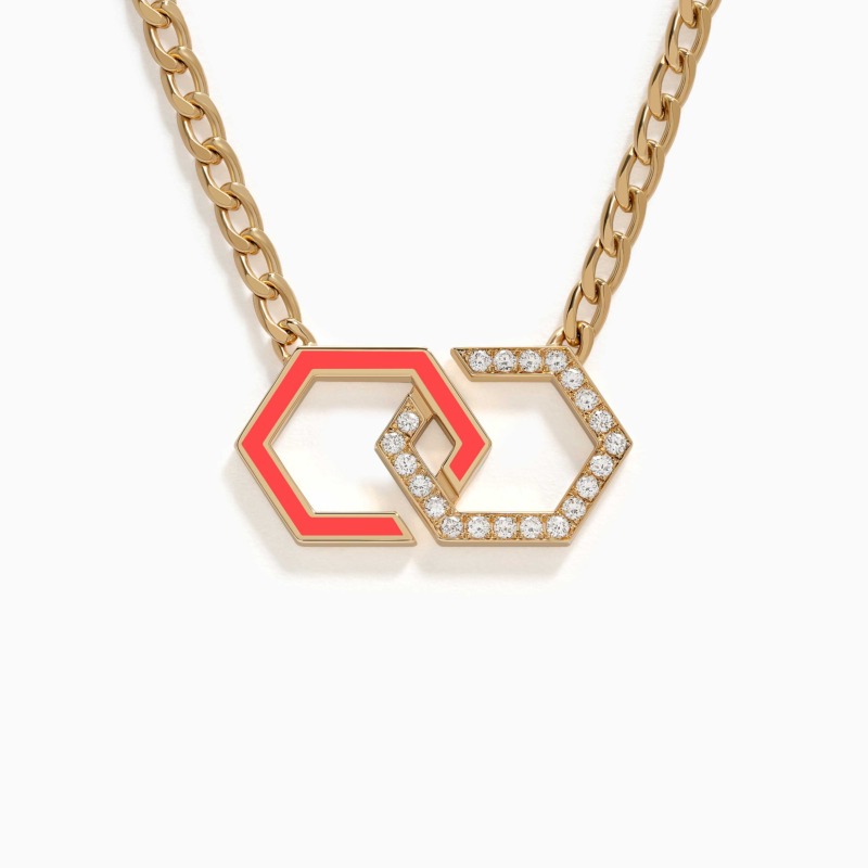 A gold chain necklace with interlocking infinity links, one outlined in pink enamel and the other set with diamonds, rests on a white background.