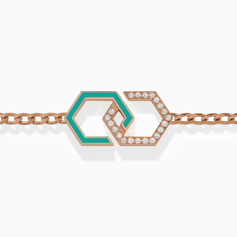 A turquoise-enamel Infinity Enamel Unchained Diamond Bracelet with rose gold links and diamond-set hexagon motifs rests on a white background.
