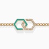 A turquoise enamel infinity motif joins a gold chain bracelet with diamond-set links and a polished geometric clasp against a clean white background.