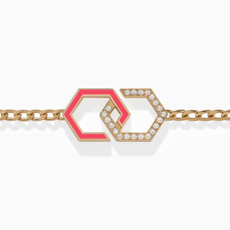 Pink enamel infinity links join a gold chain with diamond pavé accents in the Infinity Enamel Unchained Diamond Bracelet.
