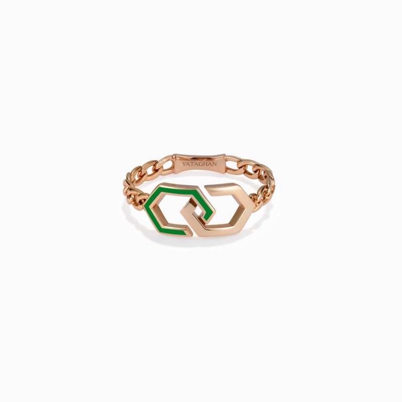 A gold Infinity Enamel Unchained Gold Ring from Yataghan Jewellery shows linked geometric shapes with light green enamel accents and chain detailing.