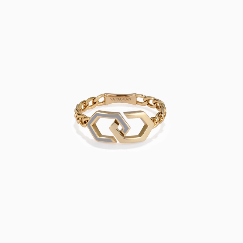 A gold Infinity Enamel Unchained Gold Ring with grey enamel accents and chain links shows the YATAGHAN engraving on a clean white background.