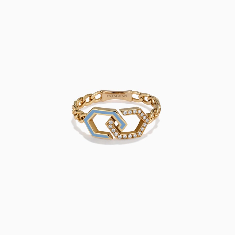 Gold chain ring with baby blue enamel links and diamond-set infinity motifs, engraved YATAGHAN on the clasp, shown on a white background.