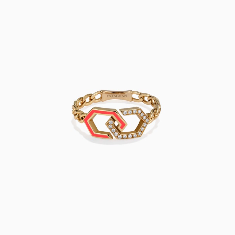 A gold Yataghan Infinity ring combines pink enamel, chain links and pavé diamonds in a linked geometric design with polished finishes on white.