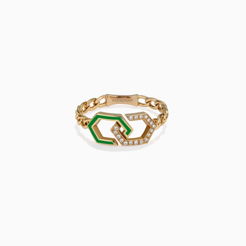 A gold Yataghan Jewellery Infinity Enamel Unchained Diamond Ring shows interlocking links, light green enamel, and diamond-set accents on a white background.