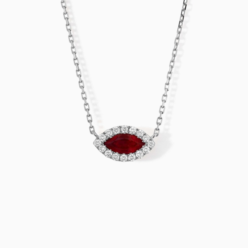 White gold necklace with a marquise ruby center, framed by small diamonds in an eye-shaped setting.