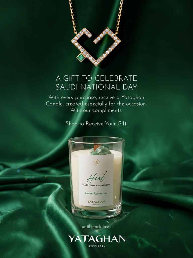 A Yataghan Jewellery pendant and Heal candle appear with text celebrating Saudi National Day and a complimentary gift.