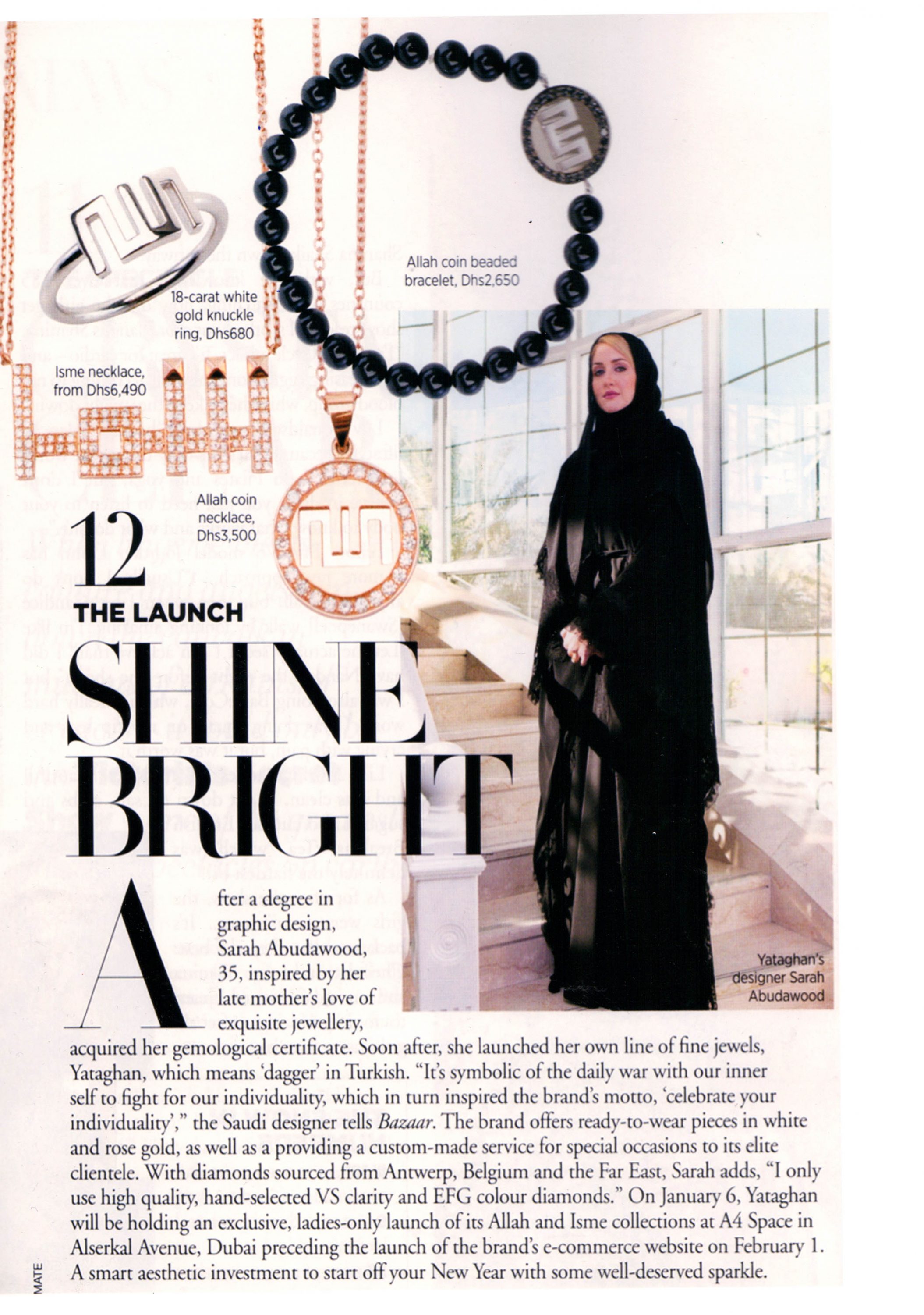 A Yataghan jewellery feature in Harpers Bazaar Arabia showing Sarah Abudawood wearing black beads with a rose-gold Allah coin pendant.
