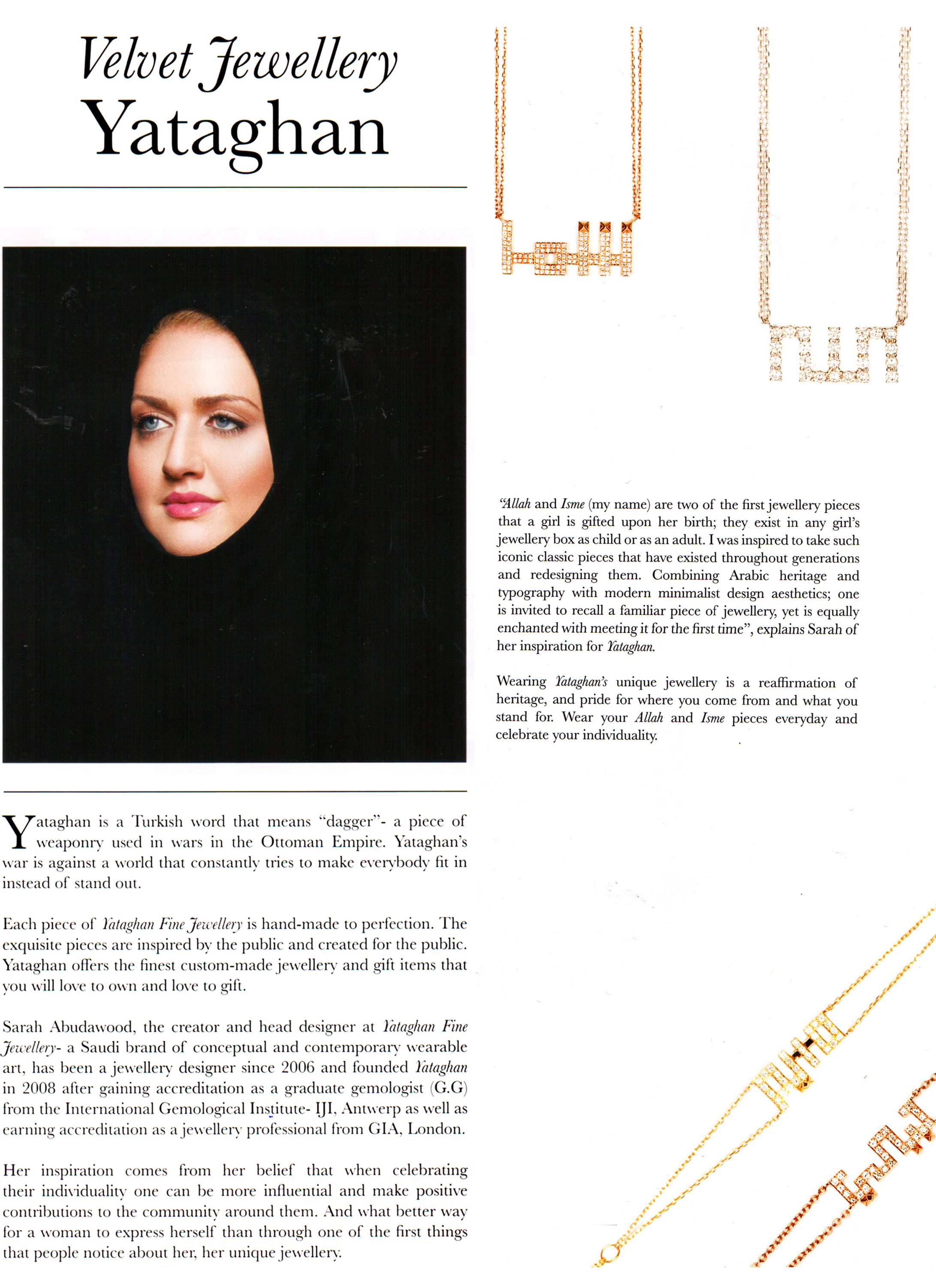 Velvet magazine page for Yataghan Jewellery with gold diamond-like necklaces and the text “Velvet Jewellery Yataghan”.