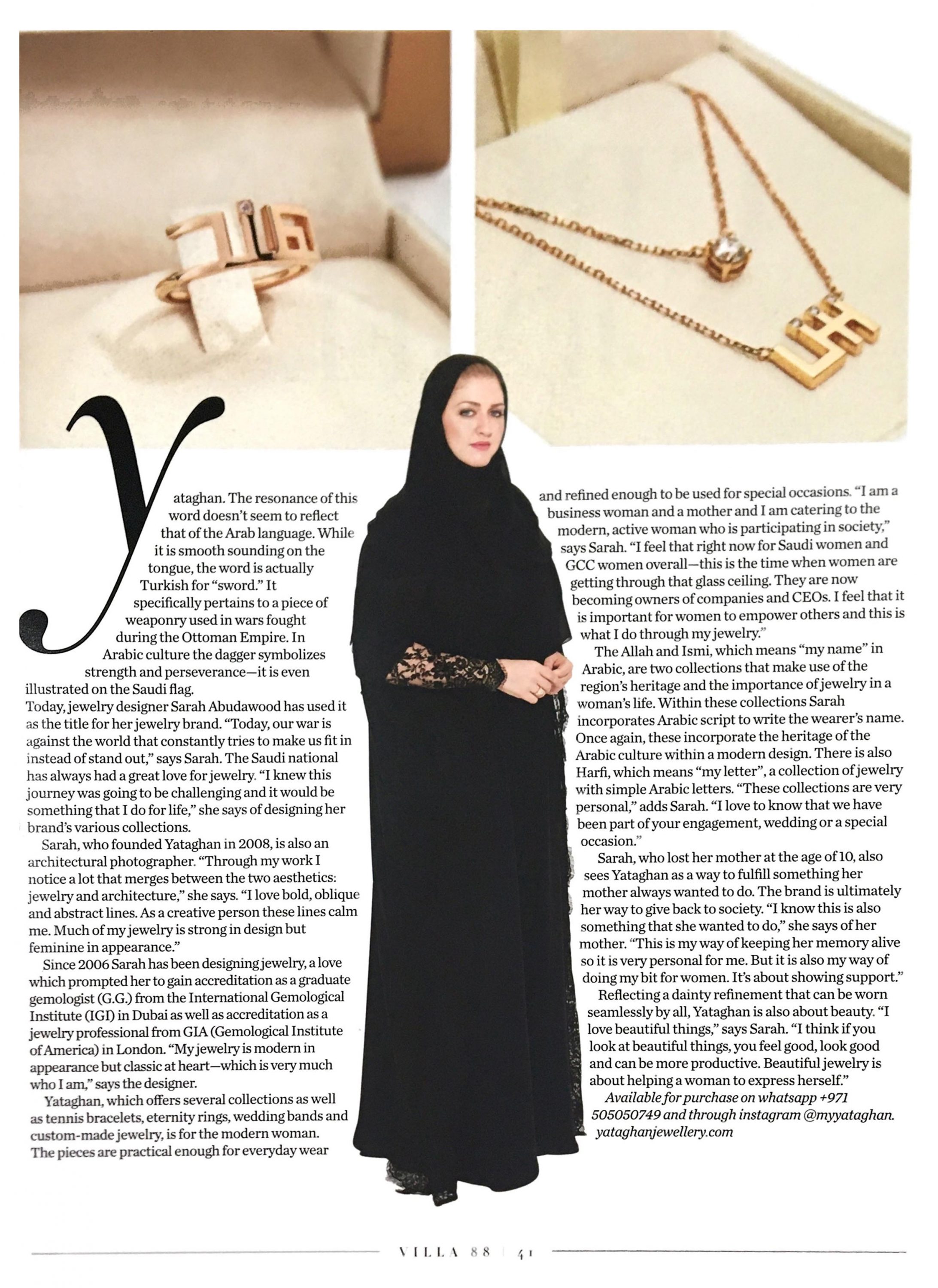 Gold Yataghan Jewellery necklace and ring with geometric details beside VILLA 88 Magazine text for Arabian Business coverage